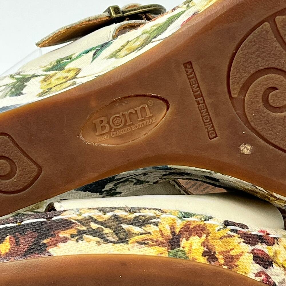 Born Womens 9M Floral Print Spring Canvas Wedge Sandals Leather 3.5″ Buckle - Picture 11 of 16